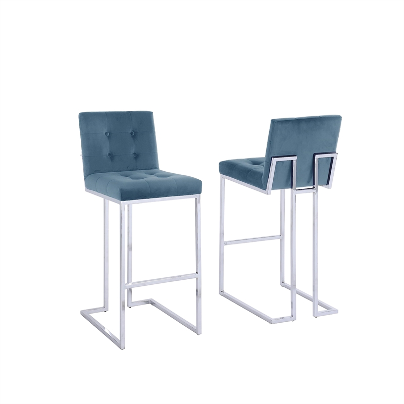 Maklaine Barstools w/ Tufted Seats in Teal Blue Velvet & Chrome Legs (Set of 2)