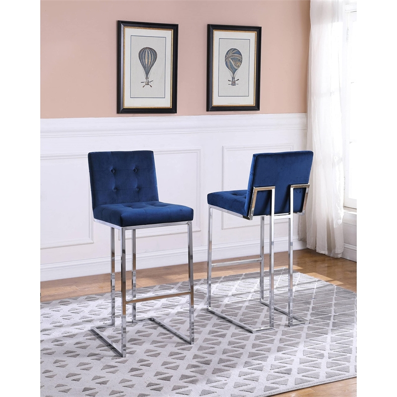 Maklaine Barstools w/ Tufted Seats in Teal Blue Velvet & Chrome Legs (Set of 2)