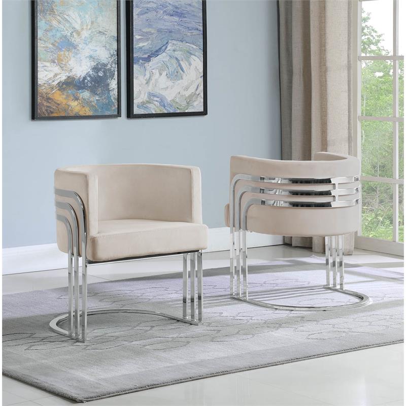 Maklaine Beige Cream Velvet Accent Barrel Leisure Chair with Silver Chrome Legs
