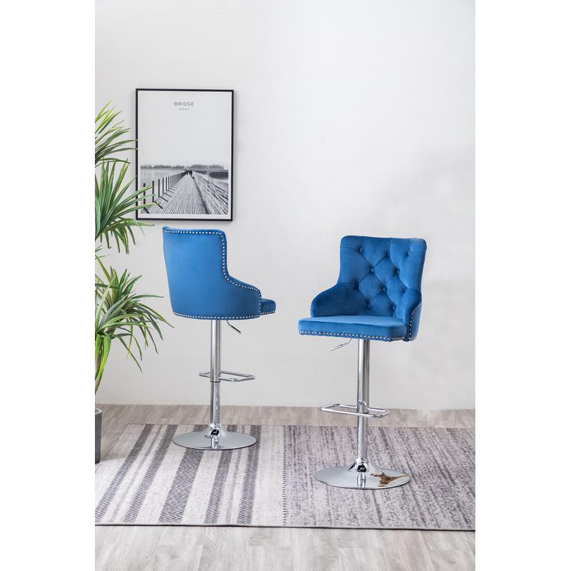 Maklaine Adjustable Bar Stools with Navy Blue Velvet & Tufted Seats (Set of 2)
