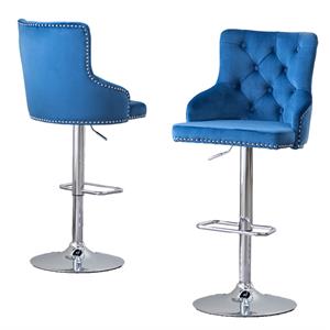 Maklaine Adjustable Bar Stools with Navy Blue Velvet & Tufted Seats (Set of 2)