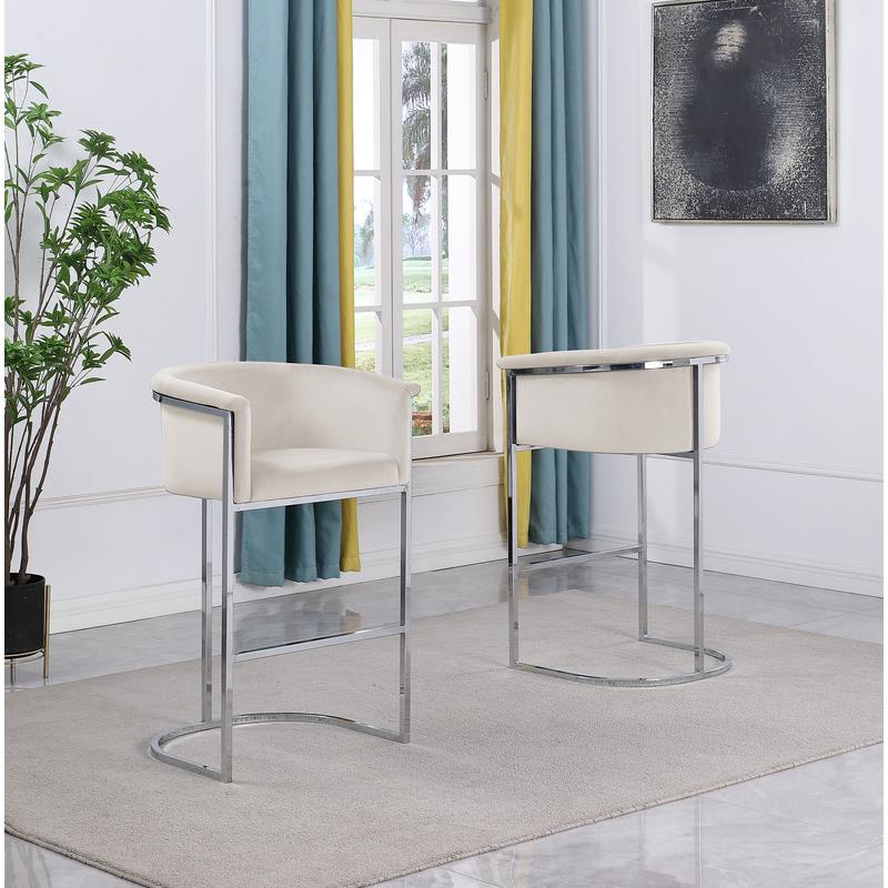 Maklaine Cream Velvet Barstool Chair (Single) with Silver Metal Chrome Base