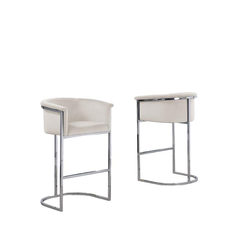 Maklaine Cream Velvet Barstool Chair (Single) with Silver Metal Chrome Base