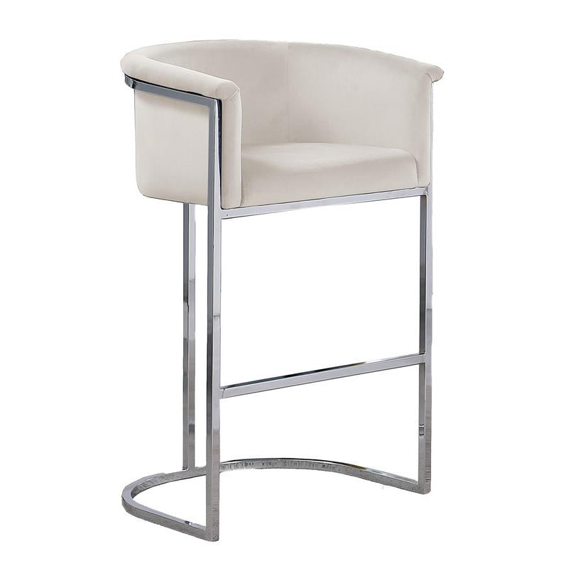 Maklaine Cream Velvet Barstool Chair (Single) with Silver Metal Chrome Base