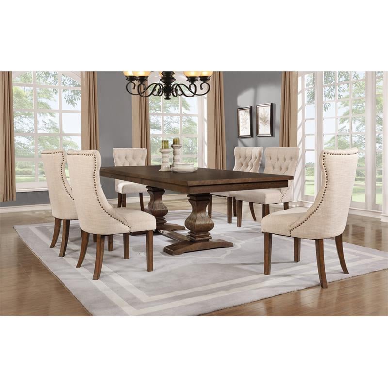 Maklaine Walnut Wood Dining Set with Extendable Table & Beige Linen Chairs