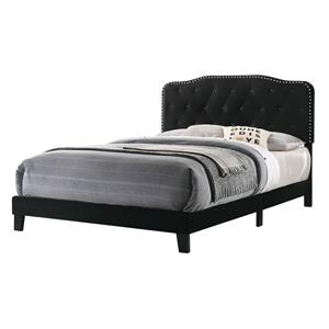 Maklaine Black Velvet Upholstered Panel Bed with Silver Nailhead - Full