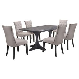 Maklaine 7pc Gray Wood Dining Set with Light Gray Linen Fabric Seats