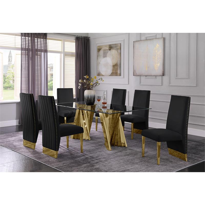 Maklaine Clear Glass Dining Set with Table & 6 Black Velvet Chairs