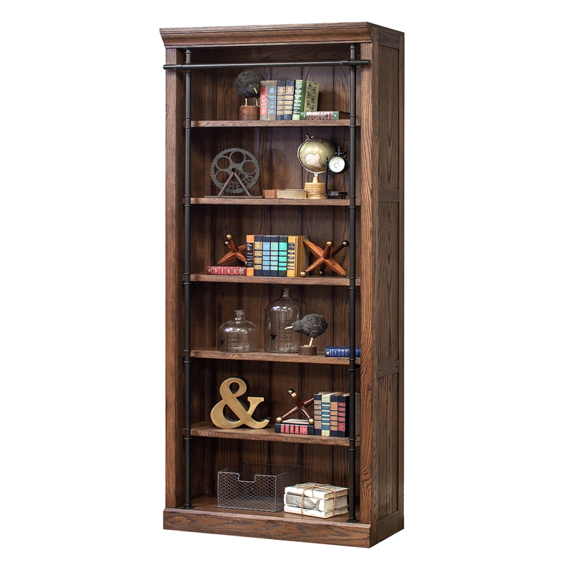 Maklaine Tall Wood Bookcase Wall with Ladder Storage Organizer in Brown