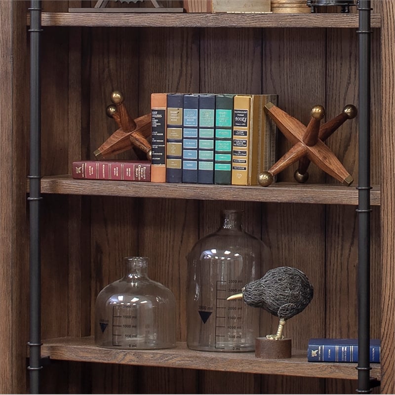 Maklaine Tall Wood Bookcase Wall with Ladder Storage Organizer in Brown