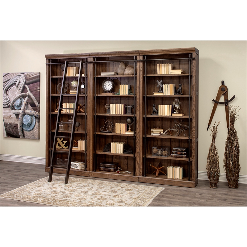 Maklaine Tall Wood Bookcase Wall with Ladder Storage Organizer in Brown