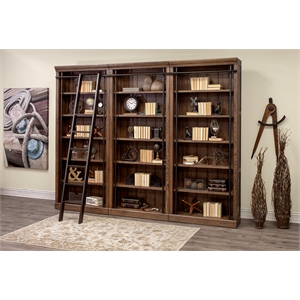 maklaine 8' tall wood brown bookcase wall with ladder storage organizer display