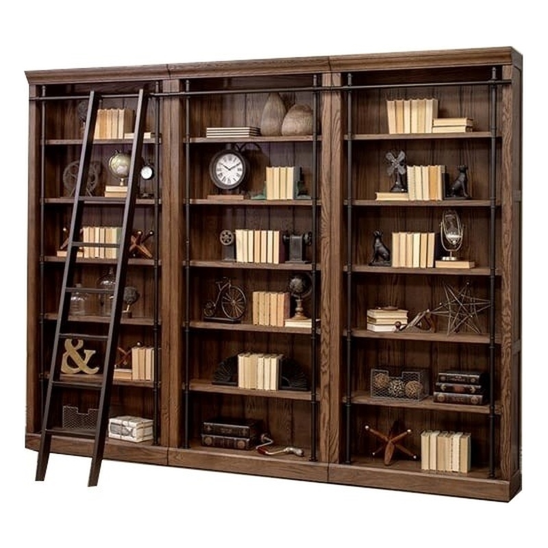 Maklaine Tall Wood Bookcase Wall with Ladder Storage Organizer in Brown