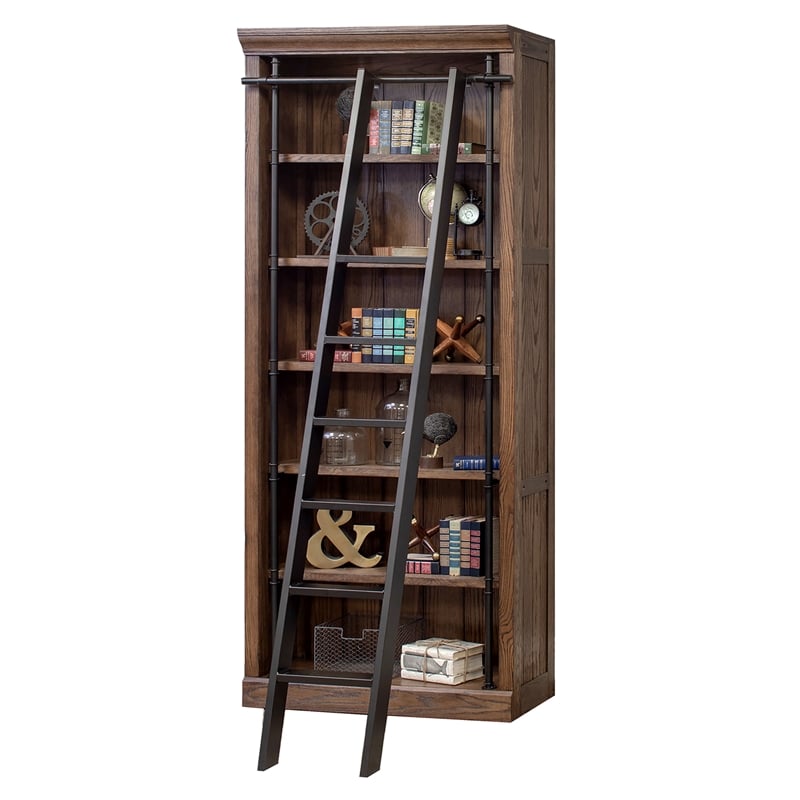 Maklaine Tall Wood Bookcase Wall with Ladder Storage Organizer in Brown