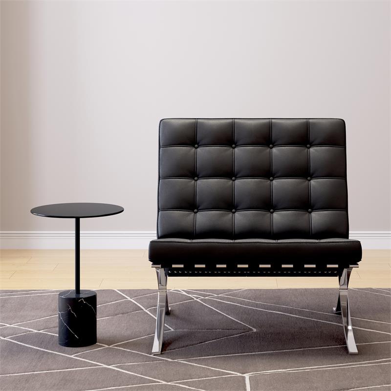 Maklaine 30 inches Real Leather and Stainless Steel Lounge Chair in Black
