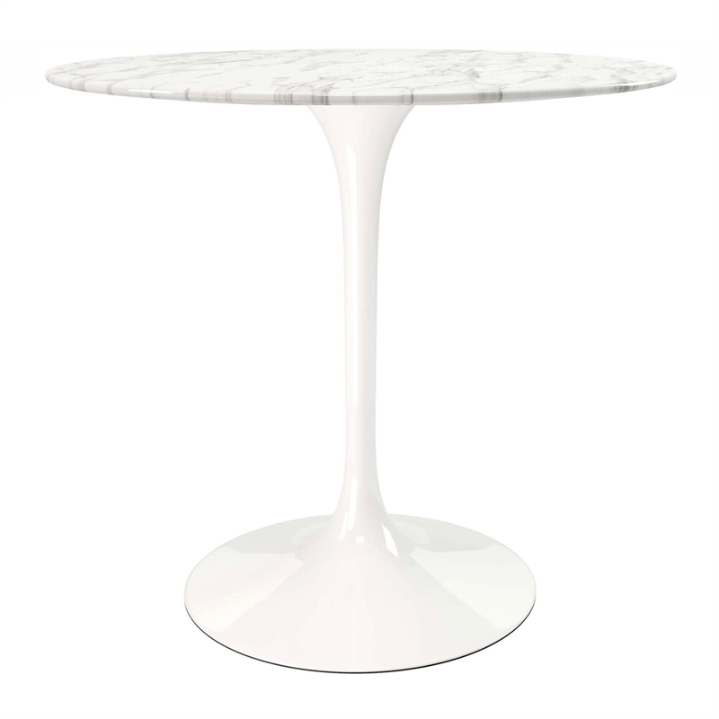 Maklaine 32 inches Round Artifical Marble and Metal Dining Table in White