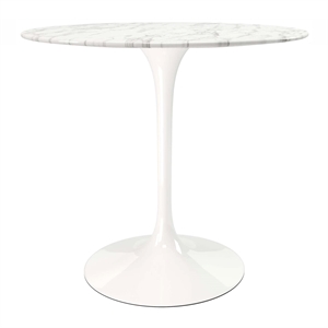 Maklaine 32 inches Round Artifical Marble and Metal Dining Table in White