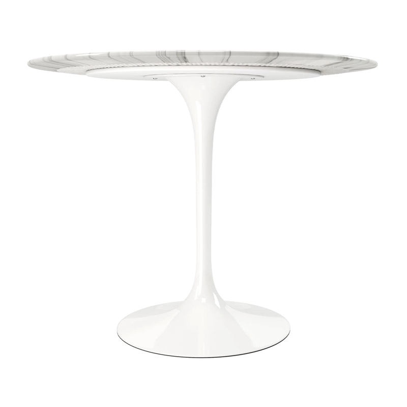 Maklaine 32 inches Round Artifical Marble and Metal Dining Table in White