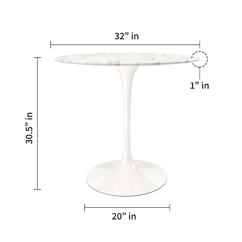 Maklaine 32 inches Round Artifical Marble and Metal Dining Table in White