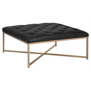 Maklaine 39.5&quot Square Transitional Leather Ottoman in Vintage Black Night