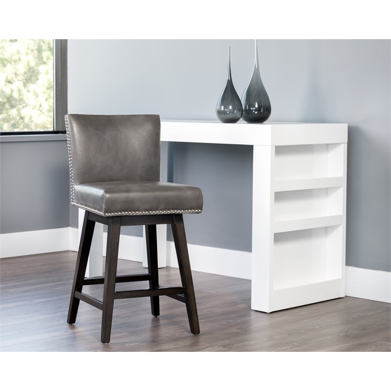 Maklaine Faux Leather Bar Stool Chair in Gray - Rotating Square Seat & Footrest