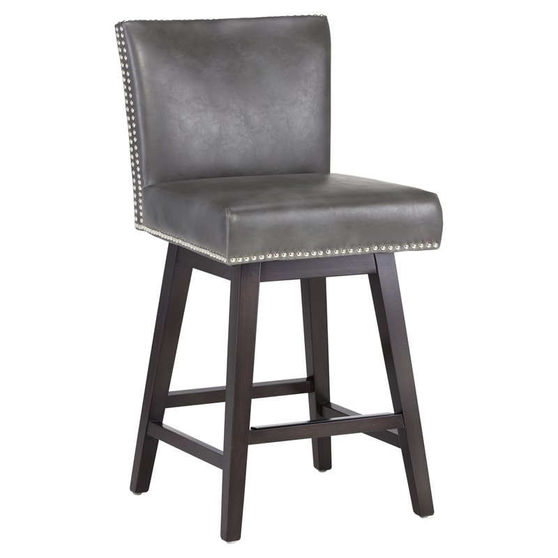 Maklaine Faux Leather Bar Stool Chair in Gray - Rotating Square Seat & Footrest