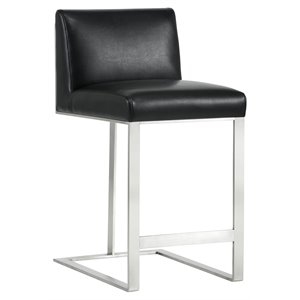 Maklaine 26&quot Modern Bonded Leather Counter Stool in Black/Stainless Steel