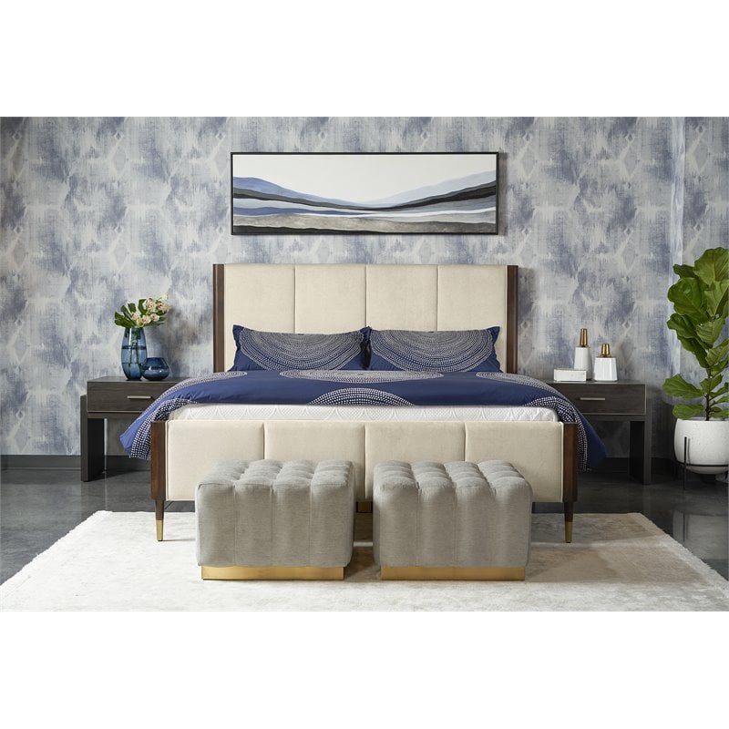 Maklaine Modern Fabric and Wood King Bed in Cream/Brown Finish