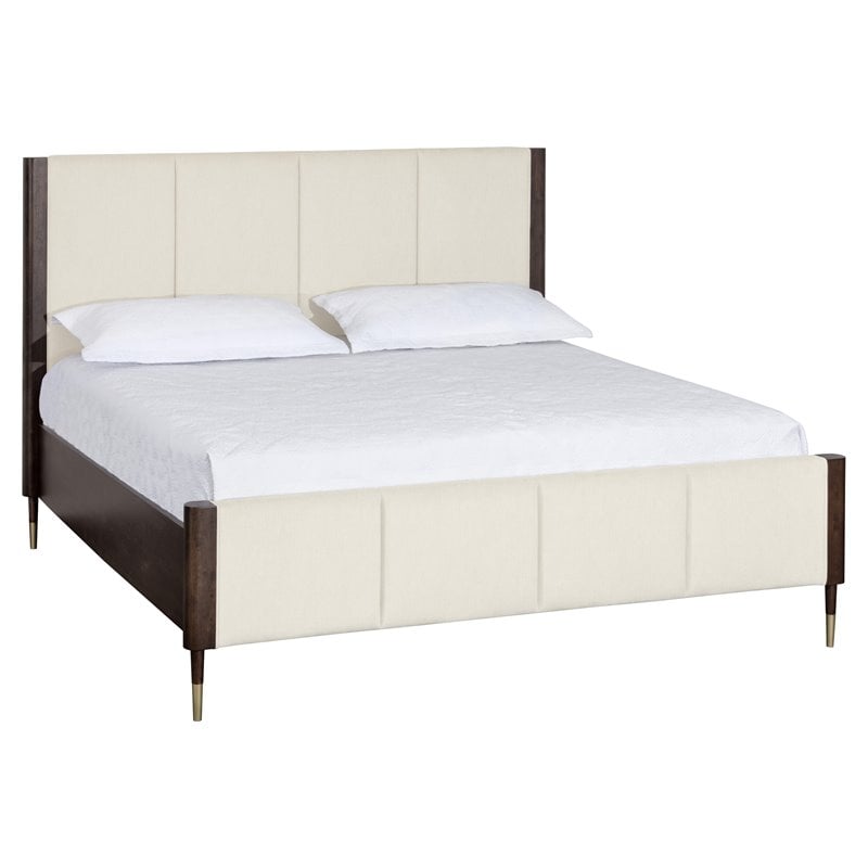 Maklaine Modern Fabric and Wood King Bed in Cream/Brown Finish