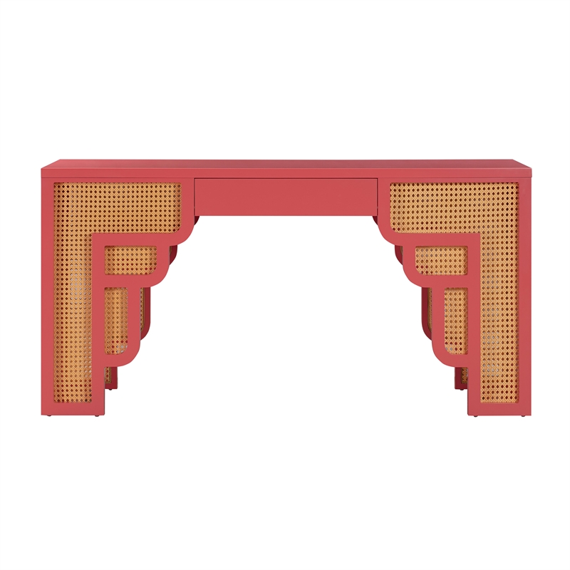 Maklaine Modern / Contemporary Coral Pink Finish & Rattan Desk