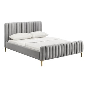 Maklaine 41.7&quotH Transitional Velvet Upholstered Queen Bed in Gray