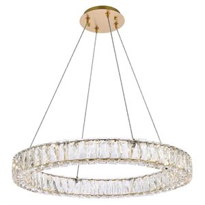 Maklaine 26&quot Round Metal and Crystal LED Single Pendant in Gold