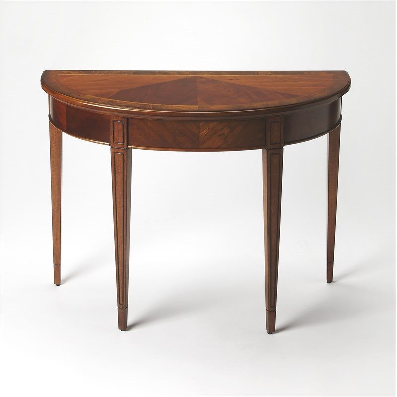 Maklaine Modern / Contemporary OLIVE ASH BURL DEMILUNE CONSOLE TABLE