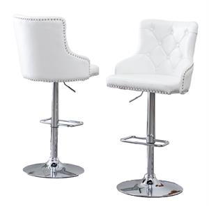 maklaine adjustable bar stools with white faux leather & tufted seats (set of 2)