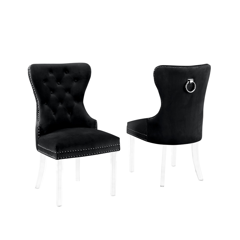 Maklaine Tufted Black Velvet Side Chairs with Clear Acrylic Legs (Set of 2)