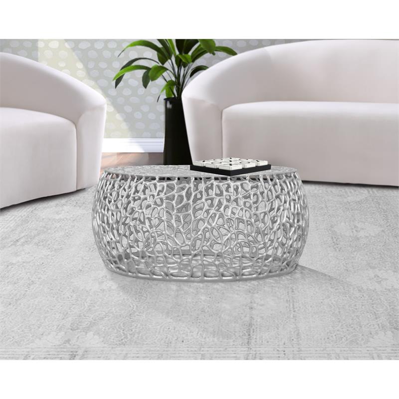 Maklaine Scrollwork Modern Solid Aluminum Coffee Table in Silver