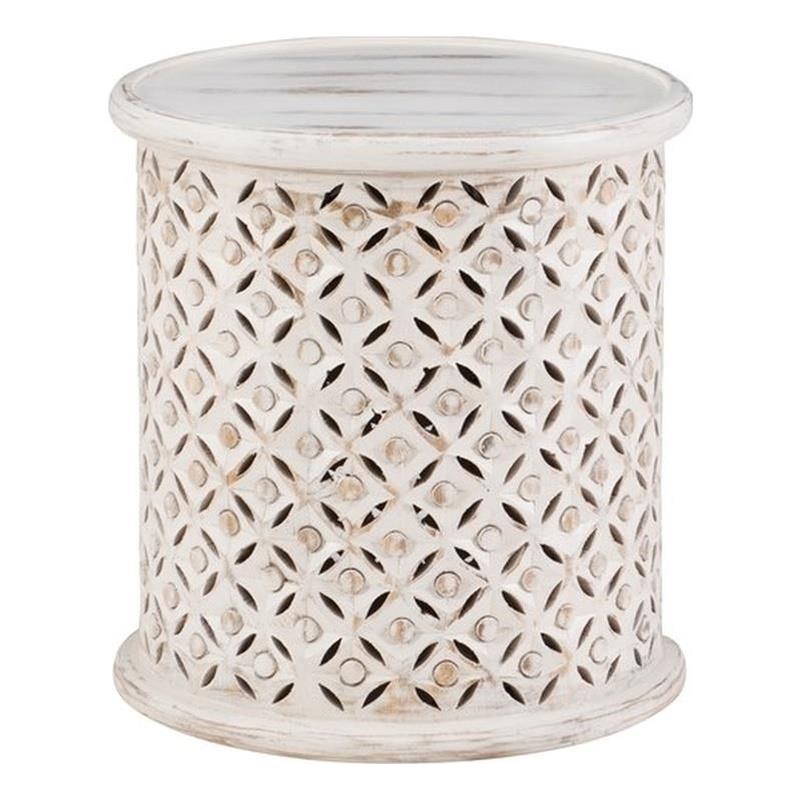 Maklaine Modern Wood Hand Carved Side Accent Table in White Finish