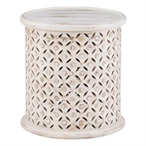 Maklaine Modern Wood Hand Carved Side Accent Table in White Finish