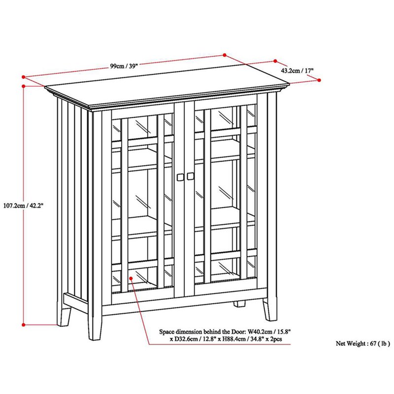 Maklaine Traditional Wood Medium Cabinet with 2 Tempered Glass Doors in Brown