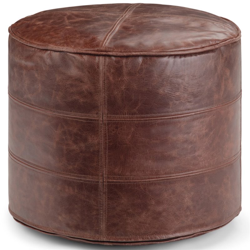 Maklaine Modern / Contemporary Round Pouf in Distressed Brown Genuine Leather