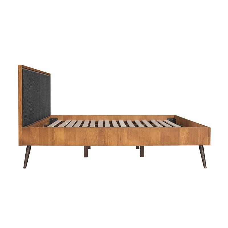 Maklaine Rustic Oak Wood Upholstered Faux Leather Queen Platform Bed