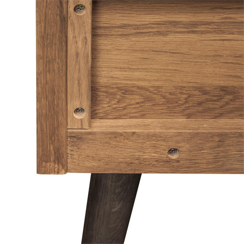 Maklaine Rustic Oak Wood Upholstered Faux Leather Queen Platform Bed