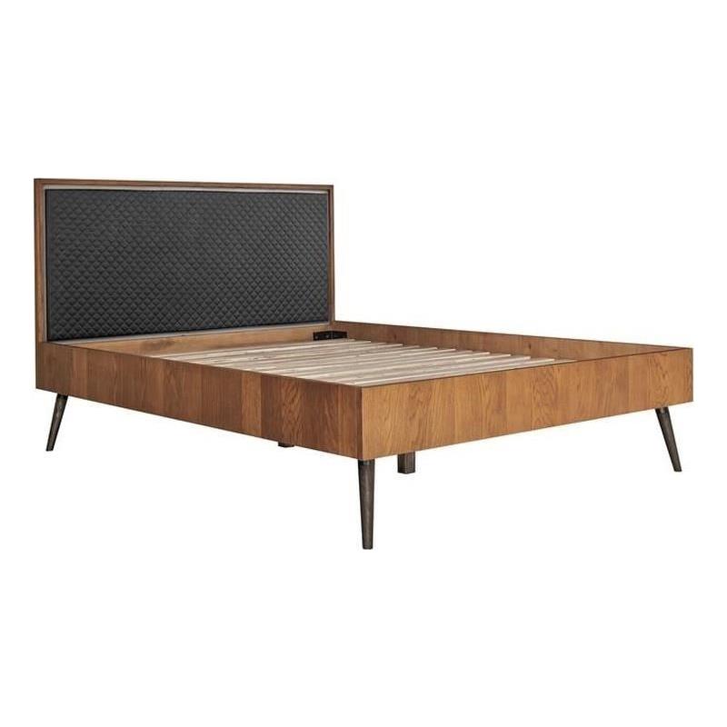 Maklaine Rustic Oak Wood Upholstered Faux Leather Queen Platform Bed