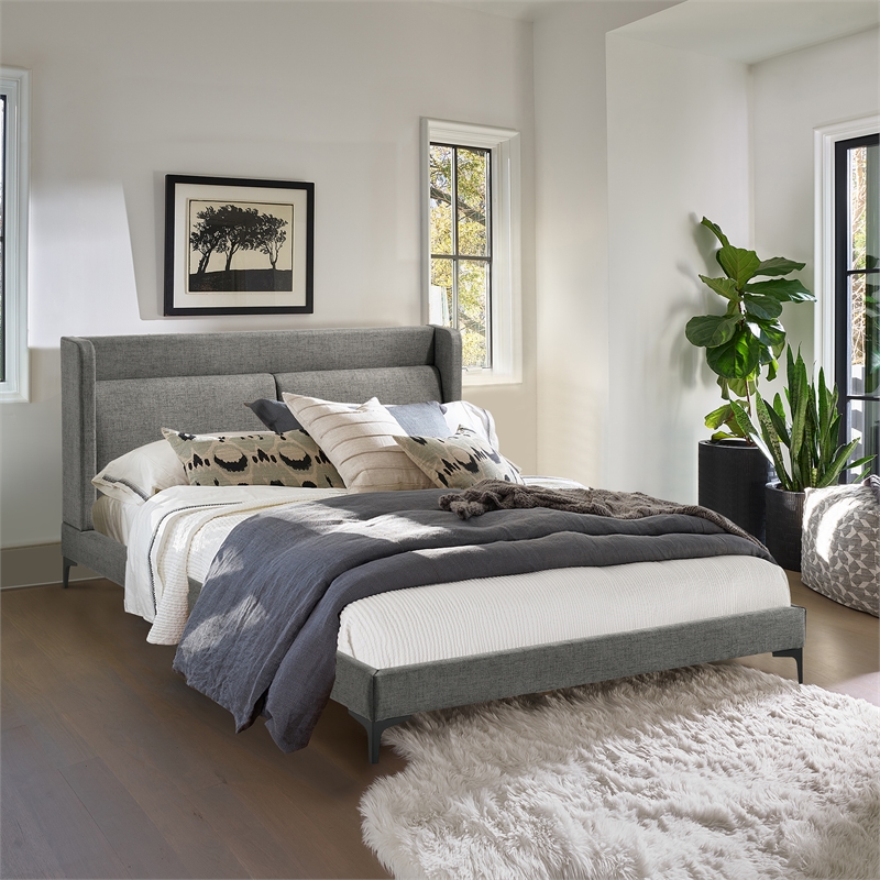 Maklaine Modern Fabric/Wood/Metal Queen Platform Bed in Gray/Black