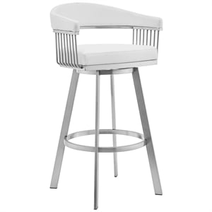 Maklaine 30&quot Modern Faux Leather Swivel Bar Stool in White/Stainless Steel