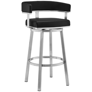 Maklaine 30&quot Modern Faux Leather Swivel Bar Stool in Black/Stainless Steel