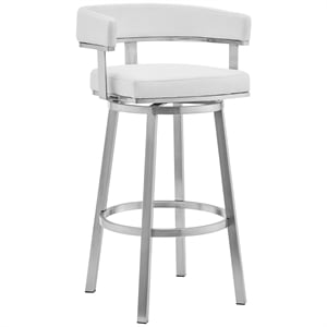 Maklaine 26&quot Modern Faux Leather Swivel Counter Stool in White/Stainless Steel