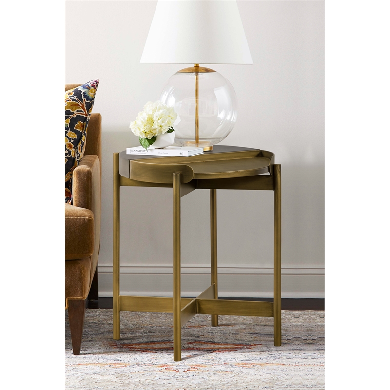 Maklaine Modern Metal/Concrete Finish End Table in Antique Brass/Gray