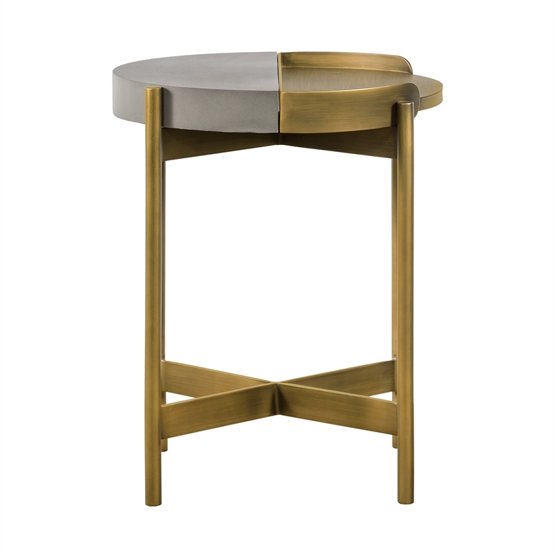 Maklaine Modern Metal/Concrete Finish End Table in Antique Brass/Gray