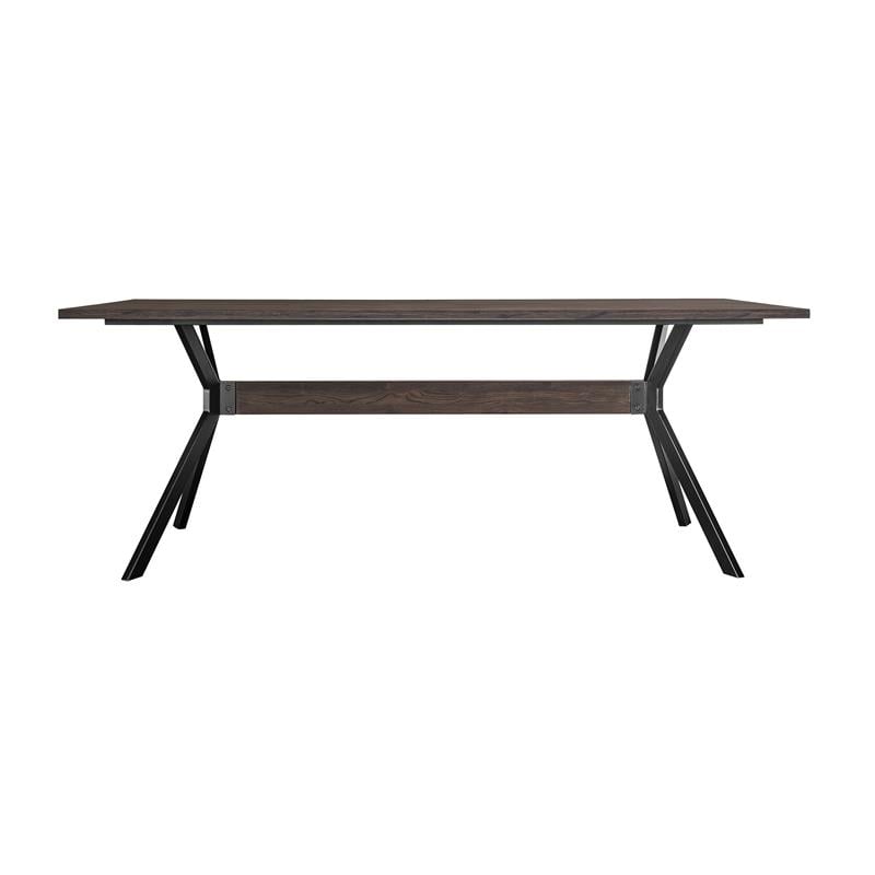 Maklaine Rustic Oak Wood Trestle Base Dining Table In Dark Brown